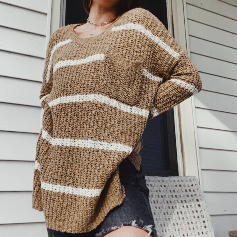 Tan and White Oversized Striped Knit Sweater